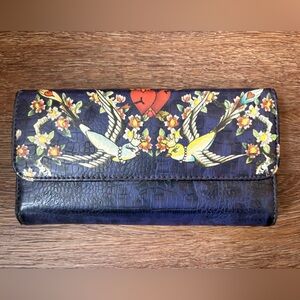 Ed Hardy VTG Wallet LoveBirds Metalic  Leopard Print Inside Lot of Compartments